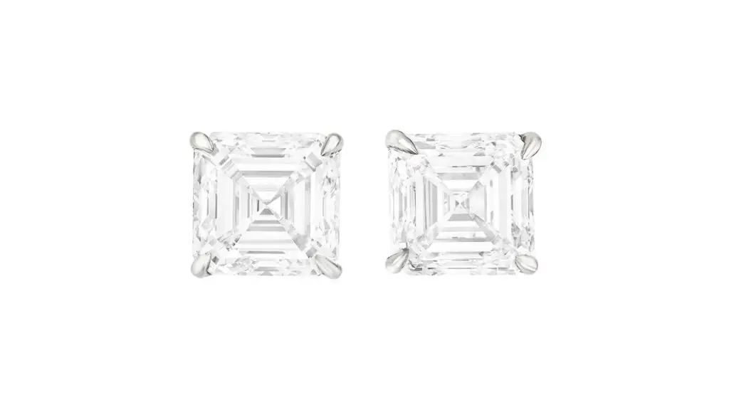 A pair of square emerald-cut diamond stud earrings comprising a 3.52-carat, D, internally flawless and a 3.32-carat, D-flawless stone at Christie's image