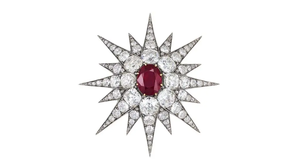 Christie’s is offering this circa 1880 star-shaped brooch, it features an oval-shaped, 10.07-carat Burmese ruby amid old- and rose-cut diamonds at Christie's image
