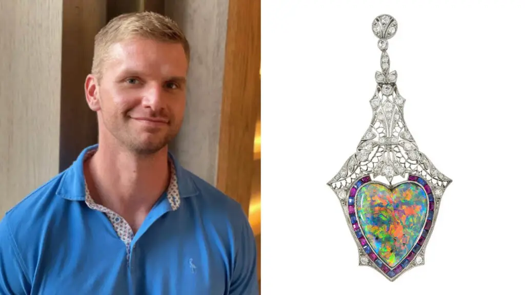 Brad Wilson and a pendant with a heart shaped black opal image