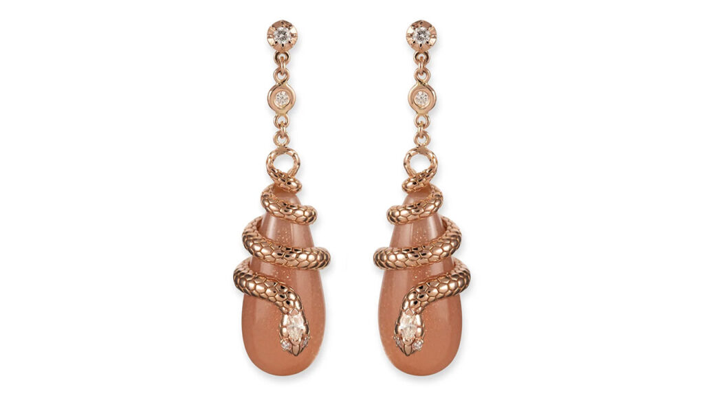 Peach moonstone earrings by Jacquie Aiche with snake motifs in gold and diamonds image