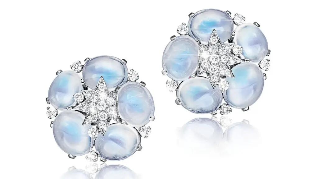 Stardust Cluster clip earrings by Verdura in gold with diamonds and moonstones image