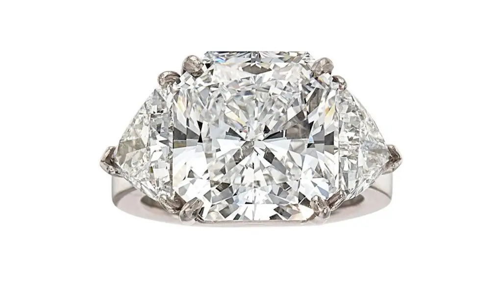 This ring features a cut-cornered square-shaped, 10.89-carat, D-color, VS2 diamond between two triangular diamond shoulders at Heritage Auction image