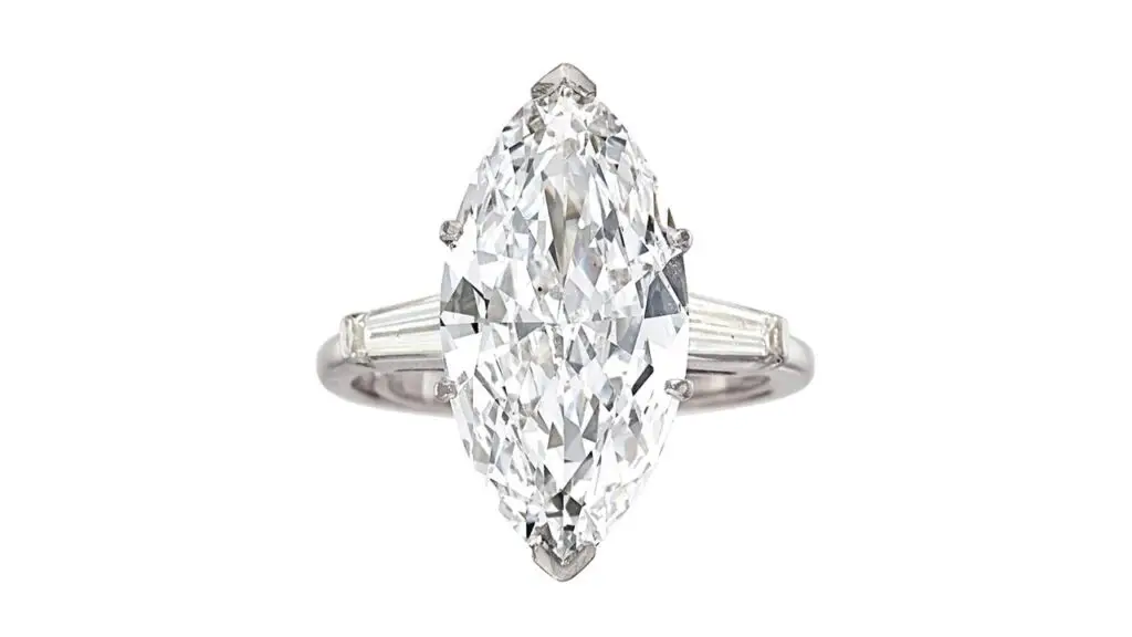 Ring with a marquise-cut diamond, this one a 5.34- carat, D, at Heritage Auctions image