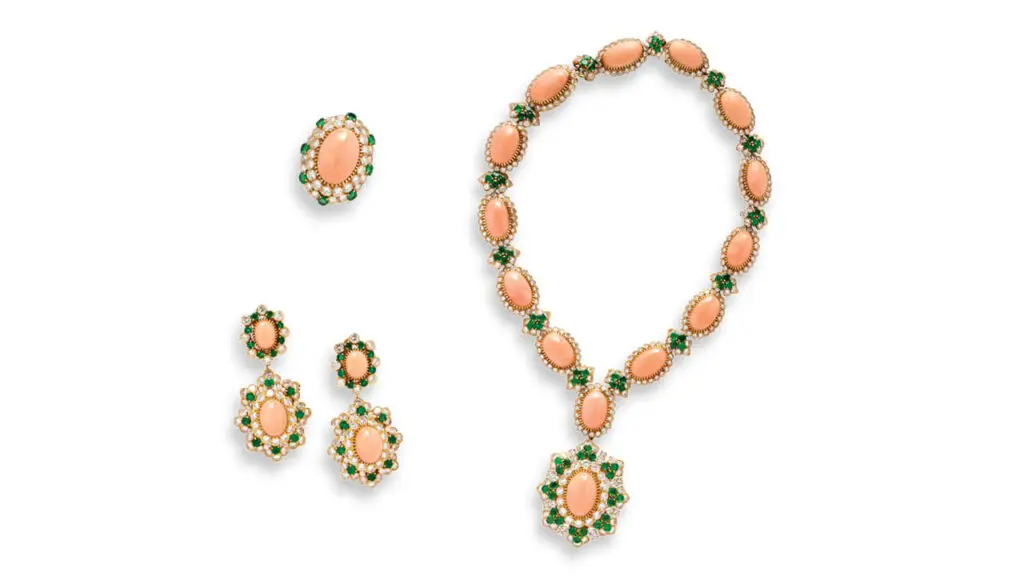 A suite of coral, emerald and diamond Van Cleef & Arpels jewelry that sold at Freemans in June image