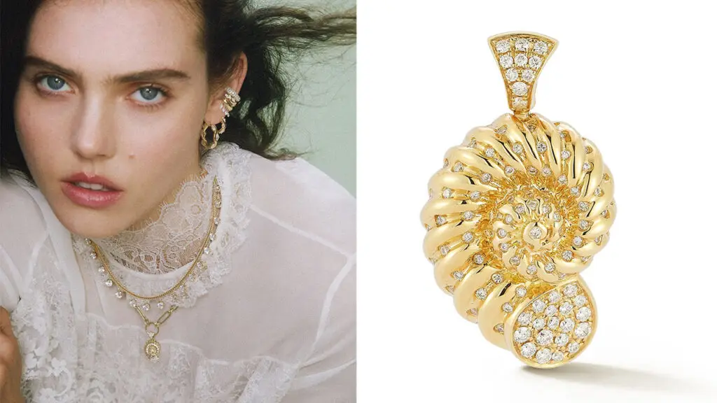 Images of a model wearing a selection of Renna jewels and a Nautilus pendant