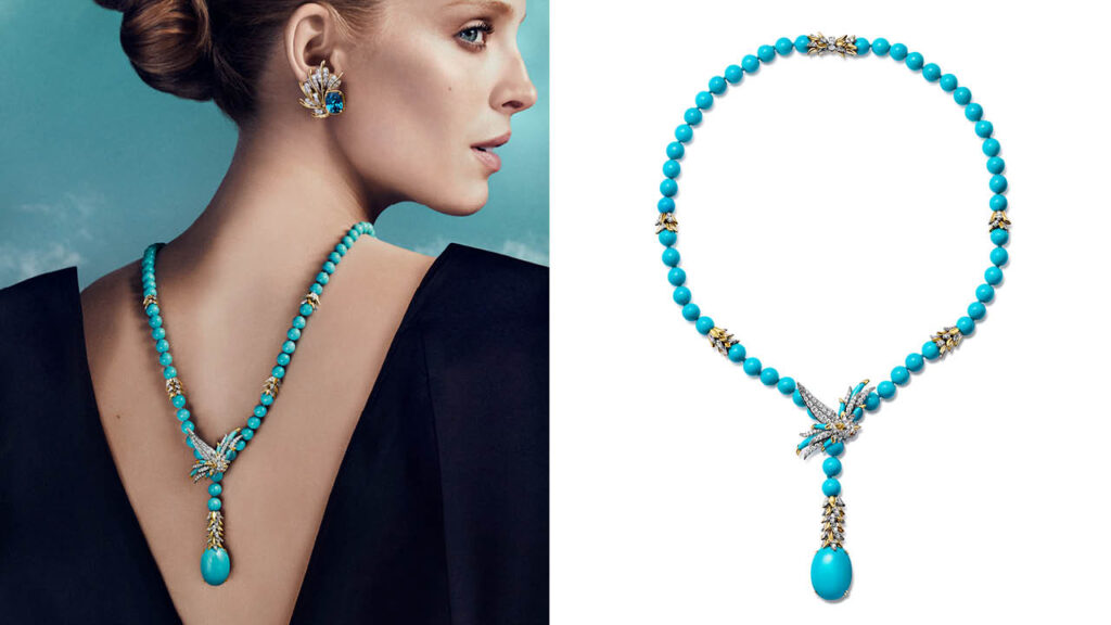 Bird on a Rock by Tiffany necklace in turquoise on a model's back image