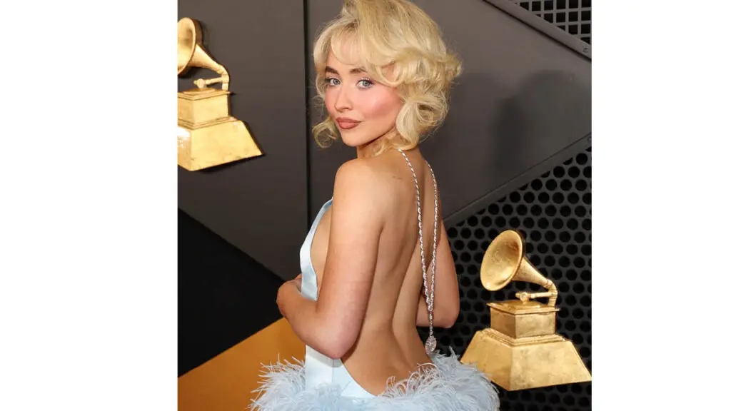 Sabrina Carpenter wears a diamond Chopard necklace in reverse to the 2025 Grammy Awards image