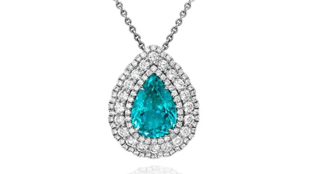 This necklace sports a pear-shaped, 5.86-carat Brazilian Paraiba tourmaline in a brilliant-cut diamond frame at Phillips image