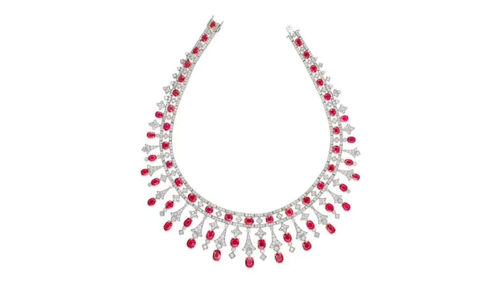 A fringe necklace decorated with around 65.02 carats of cushion-shaped and oval Burmese rubies, and old European-, single- and brilliant-cut diamonds image