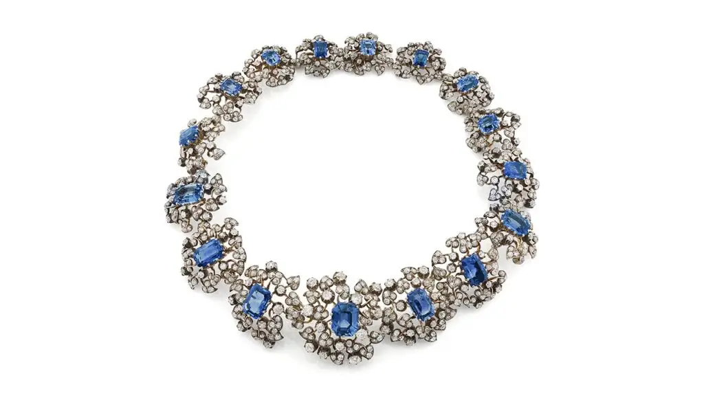 A convertible piece, this lot can be worn as a tiara or a necklace. Created in the second half of the 19th century, it has sapphires and diamonds at Phillips image
