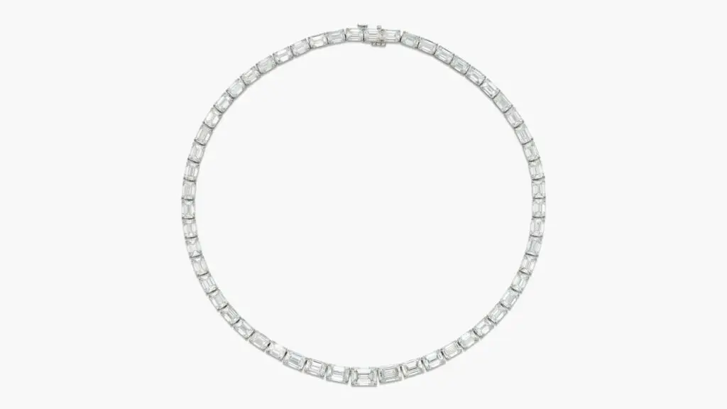 A diamond necklace with no reserve comprises a row of graduated step-cut diamonds that have a total weight of 61.72 carats, G to I color and internally flawless to VS2 clarity at Sotheby's image