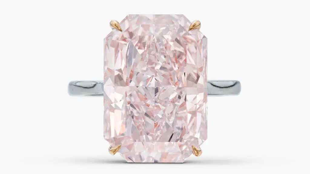 A ring with a cut-cornered rectangular mixed-cut, 13.77-carat, fancy-light-purplish-pink, VS2 diamond at Sotheby's image