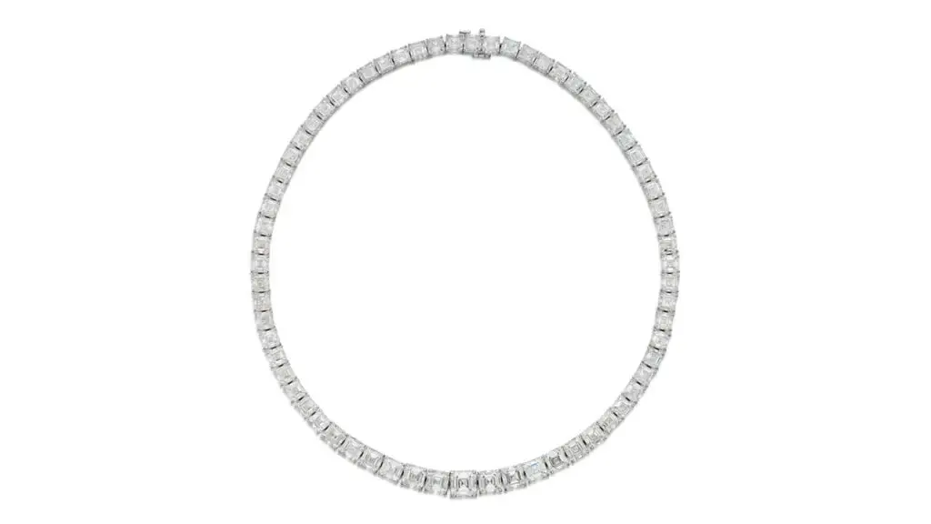 The auction house offered this diamond necklace without reserve. It contains 67 graduated square emerald-cut, H to I, internally flawless to VS2 diamonds ranging from 1.01 to 3 carats — 77.80 carats in total at Sotheby's image