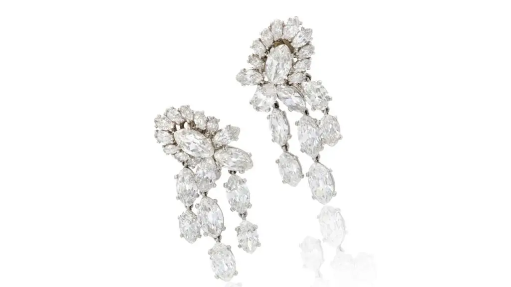 These Cartier diamond earrings carry marquise-shaped, G to I, VS2 diamonds, totaling between 19 to 20 carats at Sotheby's image