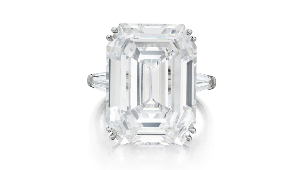 This Harry Winston ring features an emerald-cut, 22.85-carat, D, VVS1 diamond between a pair of tapered baguette diamonds at Sotheby's image