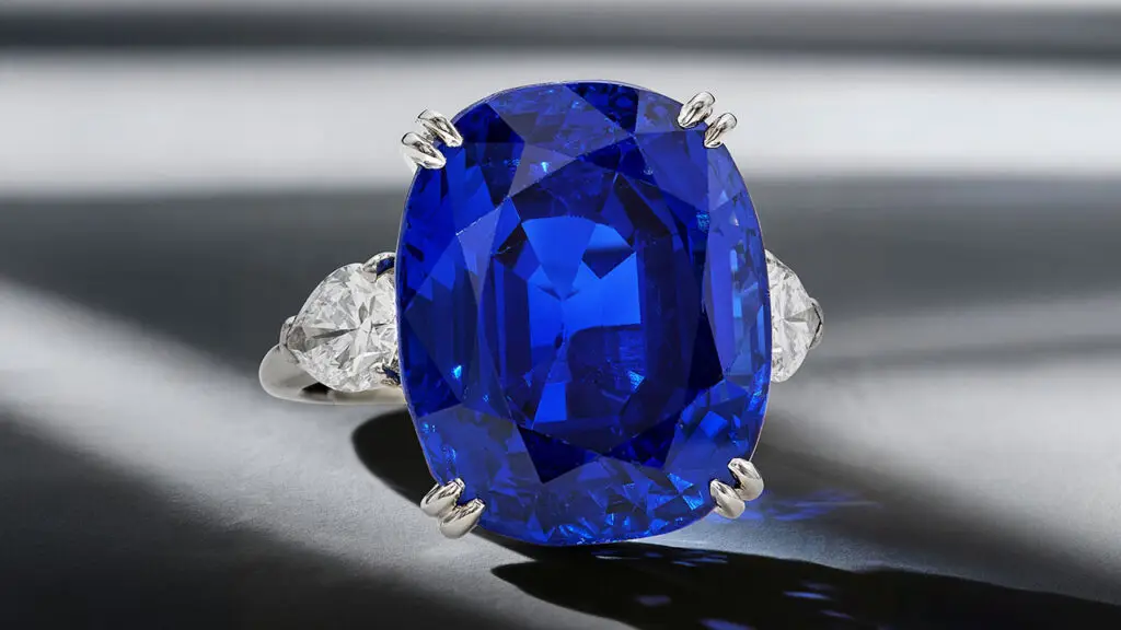 This Van Cleef & Arpels ring centers a cushion-cut, 26.55-carat Ceylon sapphire between two pear-shaped diamonds at Sotheby's image