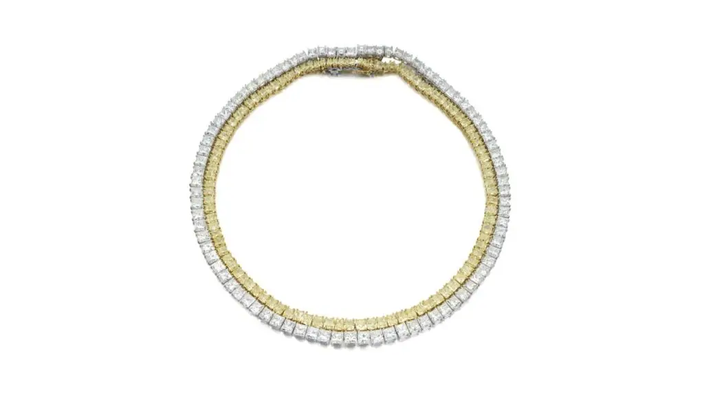 A Schreiner necklace carries a double row of princess-cut diamonds. One has a total of 68.92 carats, with the other comprising 41.03 carats of diamonds of yellow tint at Sotheby's image