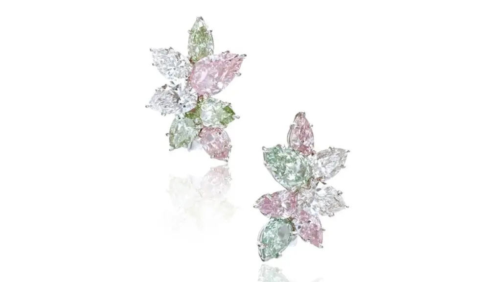 these ear clips feature 14 pear-shaped diamonds ranging from 0.26 to 1.02 carats, including four D- to F-color stones and five each on the fancy-pink and fancy-green color scales at Sotheby's image