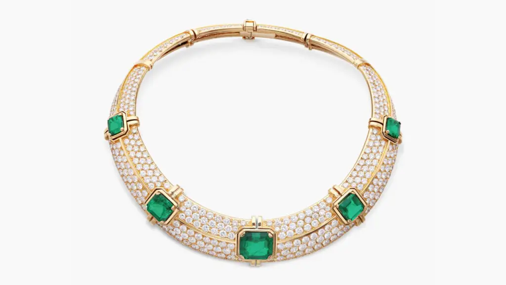 This Bucherer necklace features step-cut Colombian emeralds weighing 13.24, 6.47, 4.50, 3.16 and 3.08 carats, pavé-set with brilliant-cut diamonds at Sotheby's image
