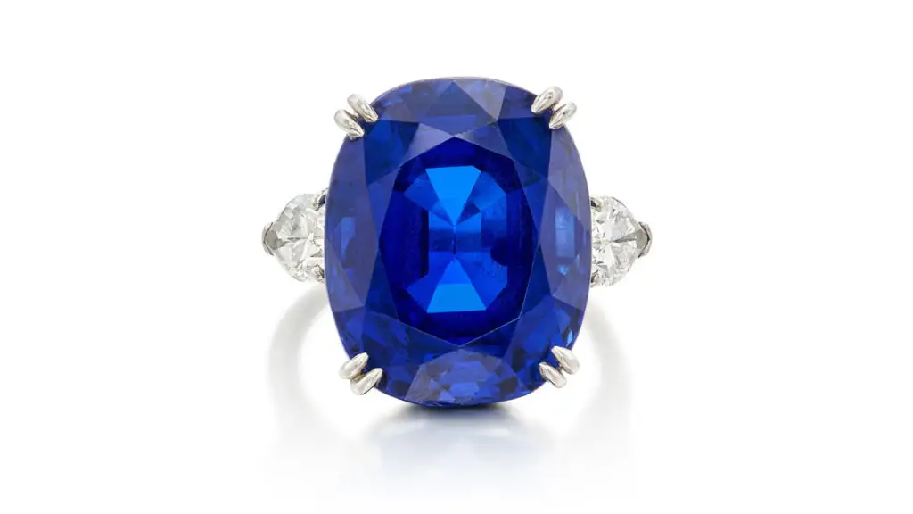 A Van Cleef & Arpels ring dated around 1965 centers a cushion-cut, 26.55-carat Ceylon sapphire between two pear-shaped diamonds at Sotheby's image