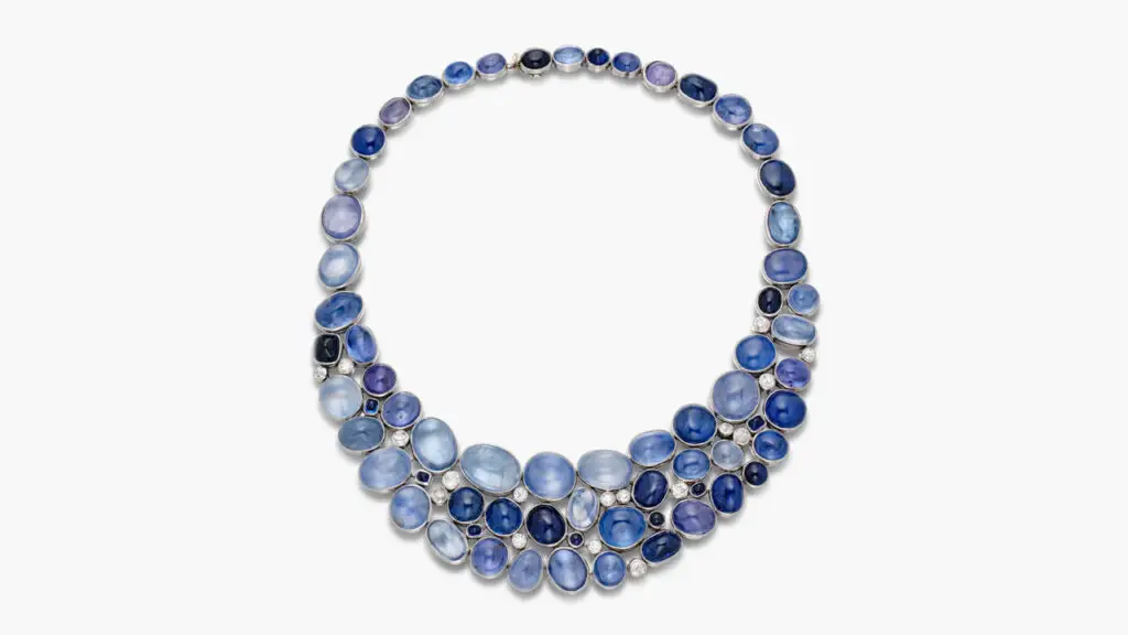 A Suzanne Belperron bib-style necklace features cabochon sapphires and European- and old mine-cut diamonds at Sotheby's image