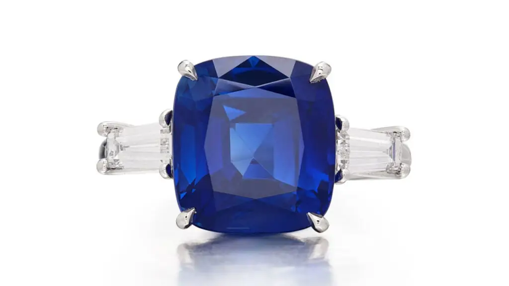 This ring by designer Valentin Magro, features a cushion-cut, 6.98-carat Kashmir sapphire between two baguette diamonds at Sotheby's image
