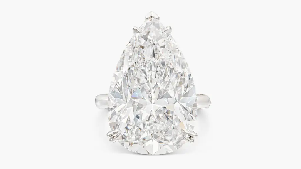 This ring bears a pear-shaped, 18.29-carat, D, internally flawless diamond at Sotheby's image