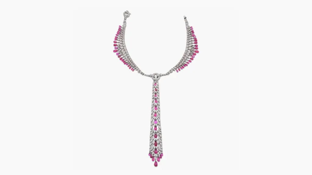 Hailing from an important European collection, this Lacloche Frères necklace has a tassel with drop-shaped rubies and circular- and single-cut diamonds at Sotheby's image