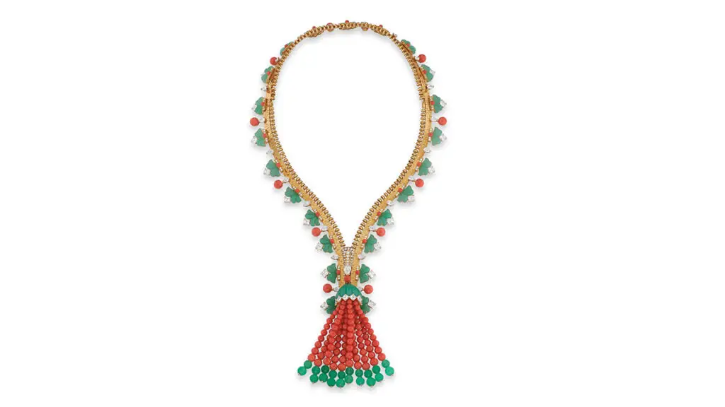 A Van Cleef & Arpels interchangeable zip necklace and bracelet features coral, chrysoprase and diamond at Phillips image