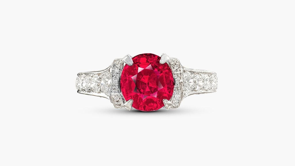 This ring is offered without reserve. It bears a circular-cut, 3.10-carat Mozambique ruby, accented with 2.91 carats of brilliant-cut diamonds at Sotheby's image