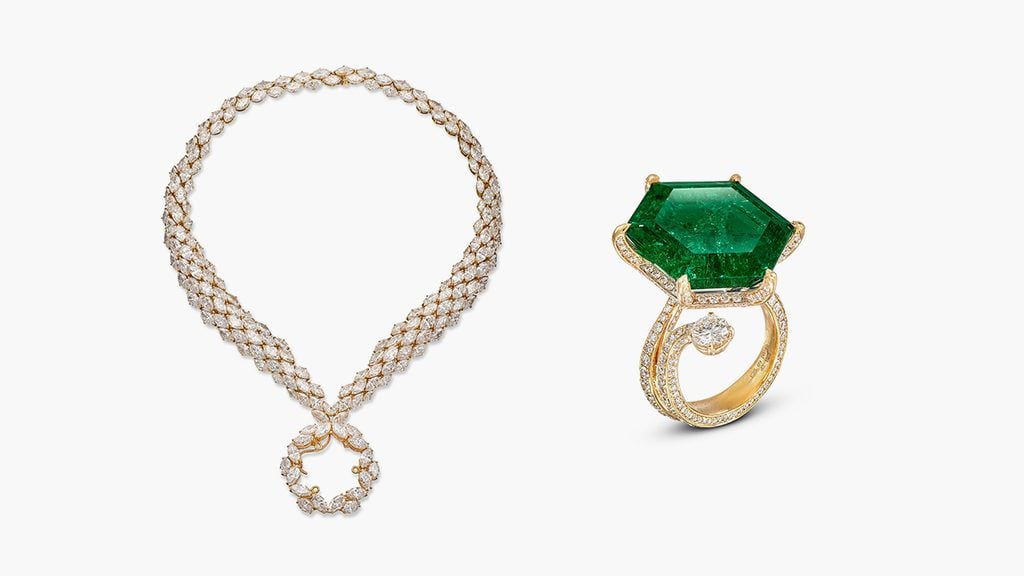 A Harry Winston set comprising a ring and necklace. The ring includes a hexagonal step-cut Colombian emerald weighing 25.09-carats and brilliant-cut diamonds. The necklace is set throughout with marquise-shaped diamonds totaling around 36 carats at Sotheby's image
