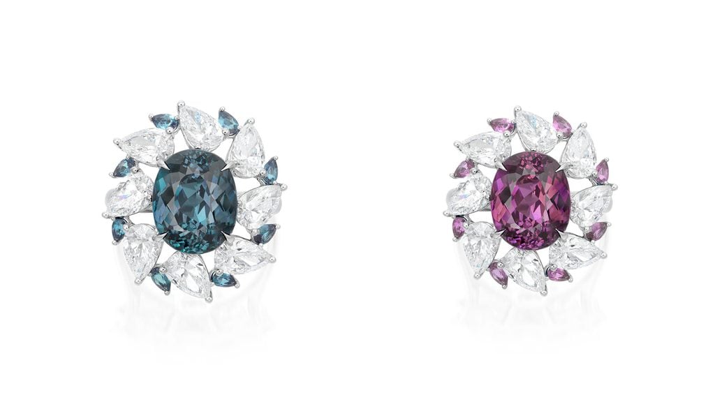 This ring features an oval, 7.45-carat Brazilian alexandrite chrysoberyl, in a frame of pear-shaped diamonds and alexandrite chrysoberyls at Phillips image