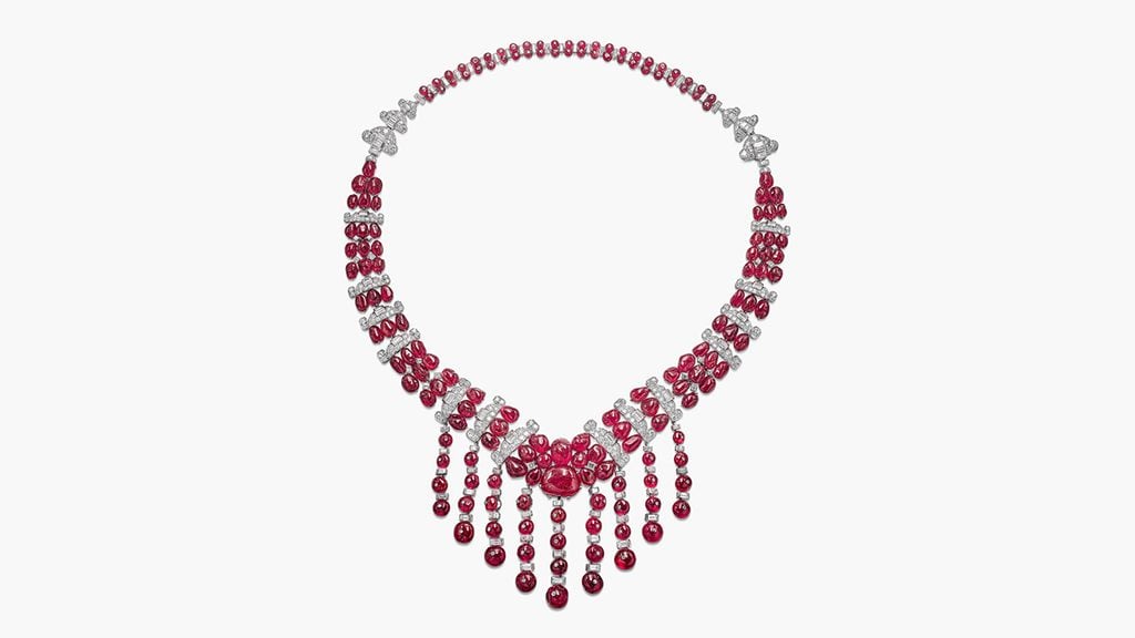 A Mauboussin necklace circa 1930 bears trembled Burmese rubies and ruby beads, alongside approximately 12 carats of brilliant- and old European-cut, square and baguette diamonds at Sotheby's image