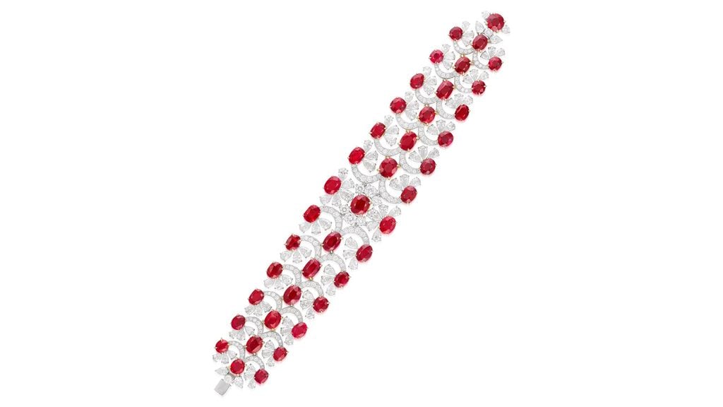 A bracelet comprising 40 oval, cushion-shaped and circular-cut Burmese rubies, adorned with pear-shaped and brilliant-cut diamonds at Phillips image