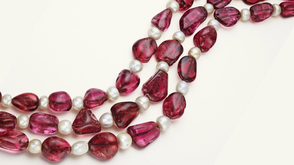 Mughal necklace with three strands of spinel and natural pearls at Christie's image