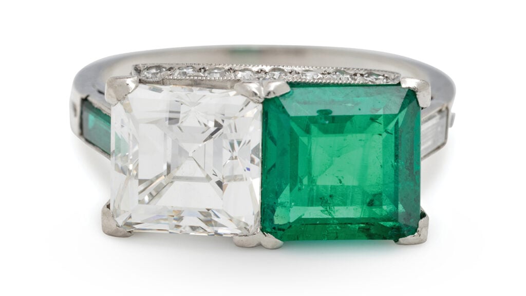 : Art Deco emerald and diamond toi et moi ring image