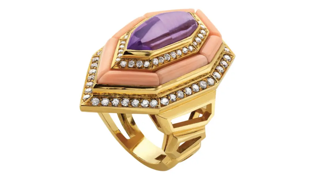 18-karat-gold ring with pink coral, amethyst and diamonds, circa 1972, part of the Bulgari Heritage Collection image