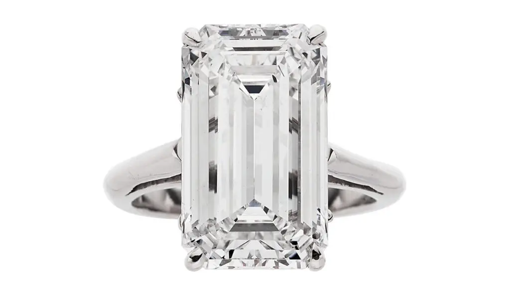 A ring centering an emerald-cut, 8.17-carat, F-color, VS1-clarity diamond at Heritage Auctions image