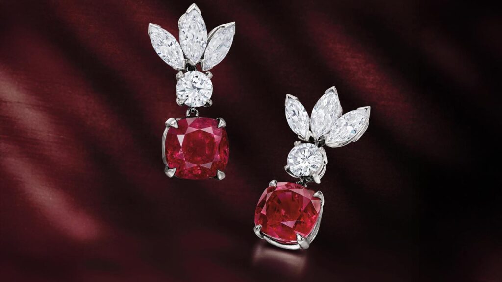 Pair of Harry Winston ruby and diamond earrings at Bonhams image