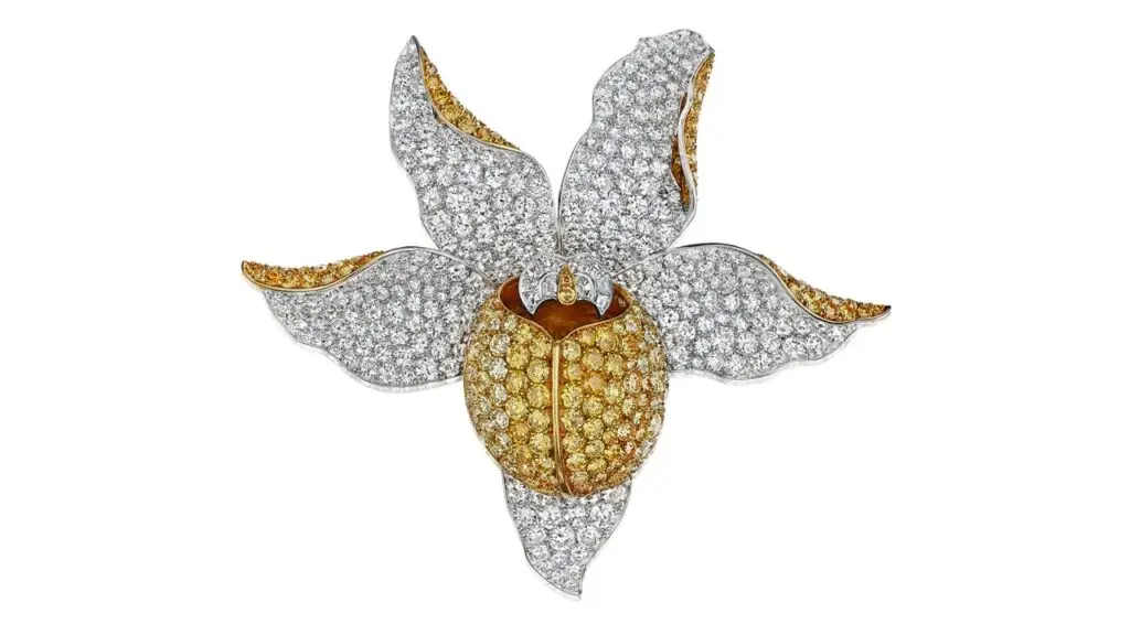 René Boivin brooch, designed as an orchid is set throughout with round brilliant- and old European-cut diamonds at Bonhams image