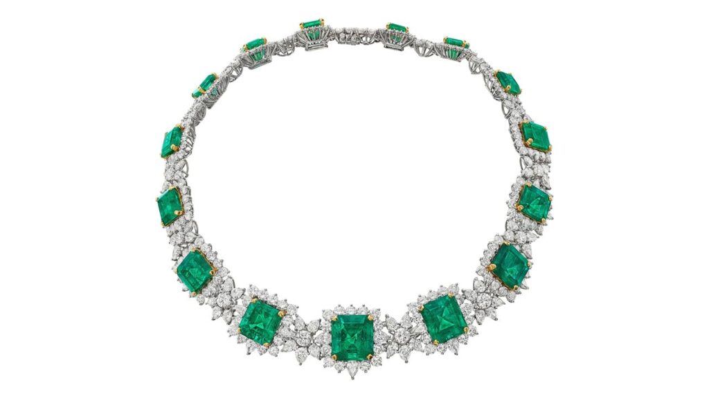 Necklace composed of emerald-cut Colombian emeralds set within a surround of brilliant-cut diamonds interspersed with clusters of pear-shaped diamonds at Bonhams image