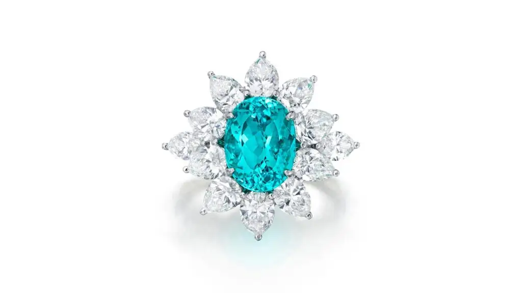Tiffany and Co. ring featuring an oval-shaped, 4-carat Paraíba tourmaline at Bonhams image