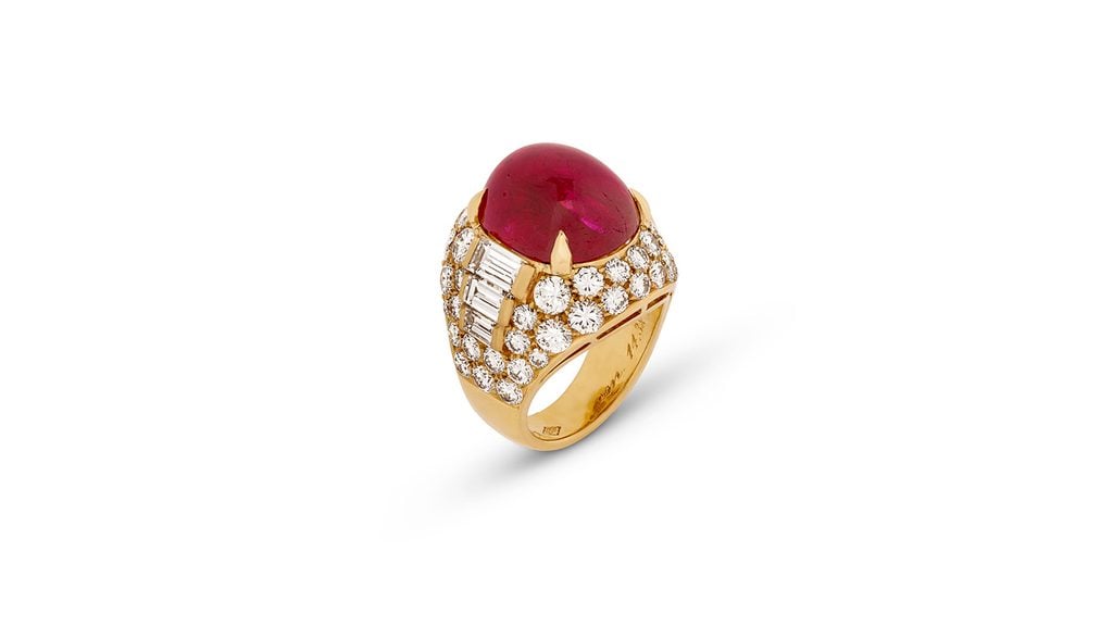 A Bulgari Trombino ring mounted with a 14.38-carat Burmese ruby, and diamonds at Christie's image