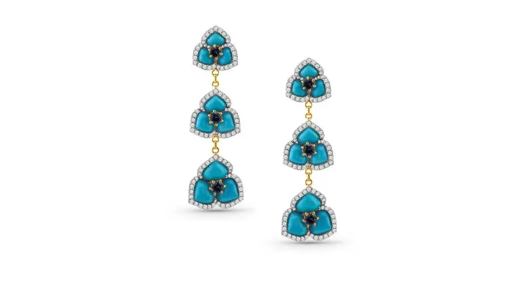 18-karat yellow gold earrings with Sleeping Beauty Turquoise weighing 9.82 carats, embellished with diamonds and blue sapphires image