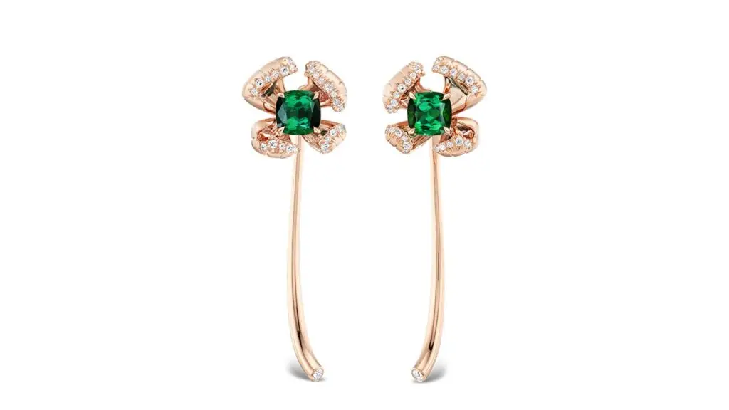 18-karat rose gold convertible earrings with 4 carats of cushion-cut green tourmalines and pavé diamond petals image