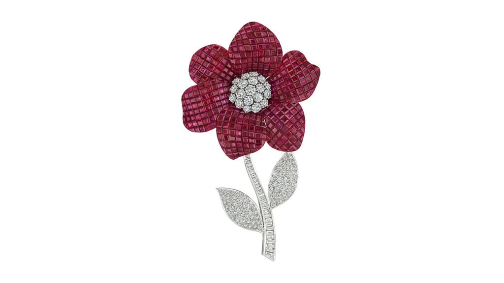 Floral-design ruby and diamond brooch at Christie's image
