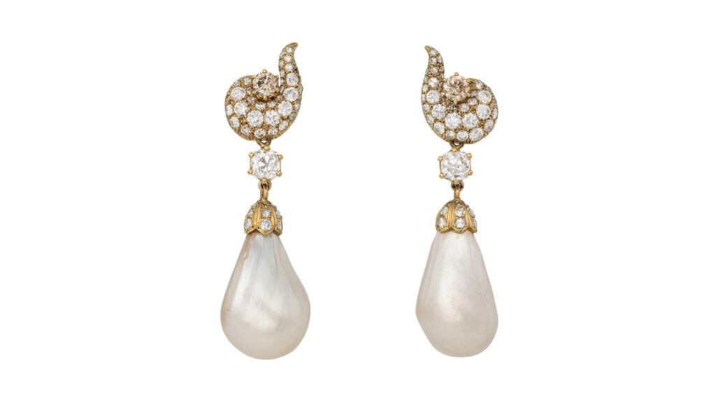 Earrings, each sporting a natural drop-shaped pearl, single-cut and round diamonds, as well as round brown diamonds at Christie's image
