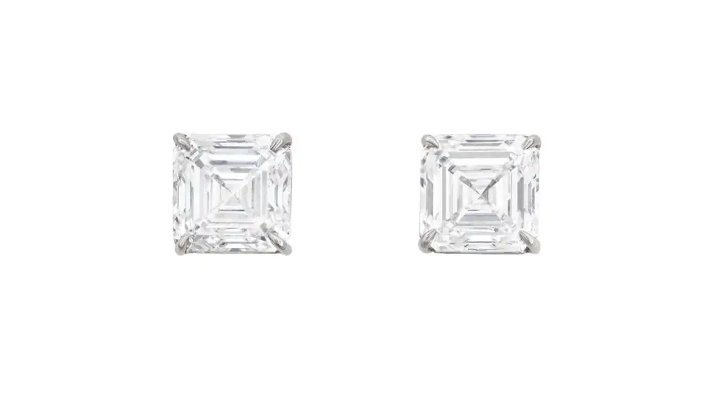 Earrings with two square emerald-cut, D-color diamonds at Christie's image