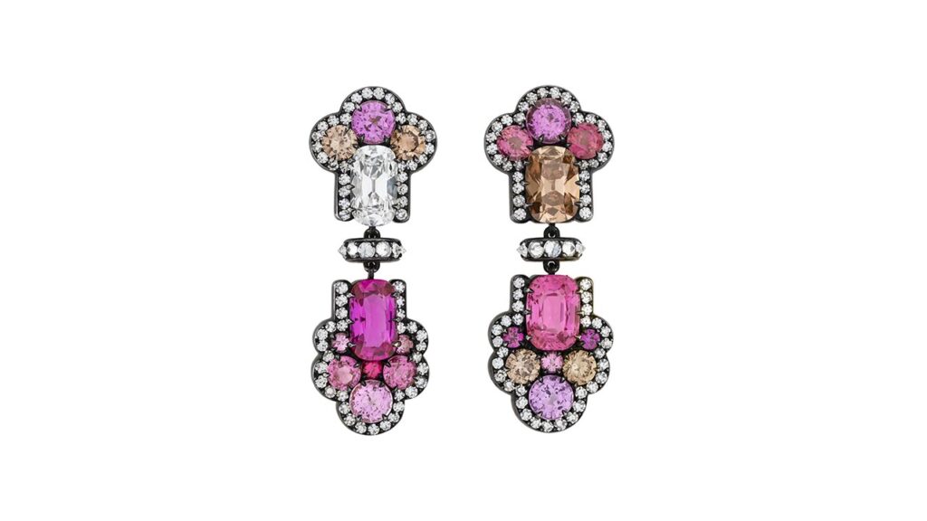 Cushion-shaped brown diamond, diamond, spinel and pink sapphire earrings at Christie's image