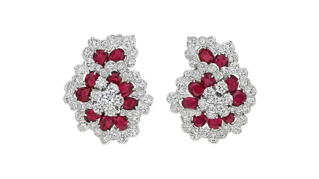 Pair of ruby and diamond Camellia earrings at Christie's image